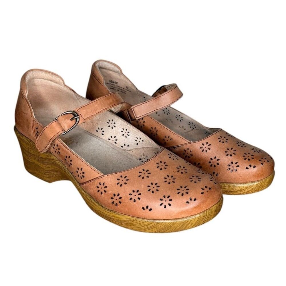 Alegria Rene Mary Jane Size 40 (US 9.5) Leather Clogs Tan Floral Perforated